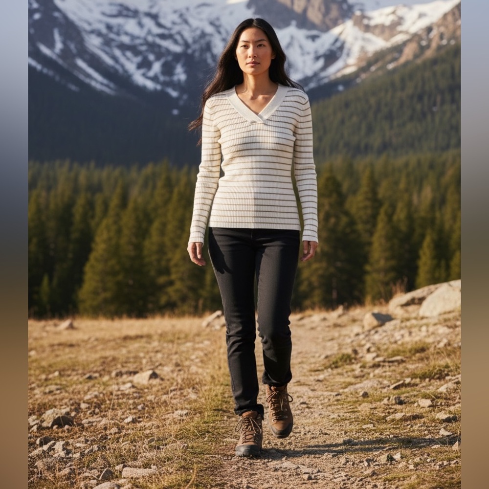 Basic Editions Striped V-Neck Long Sleeve Sweater (White w/ Gold Stripes)